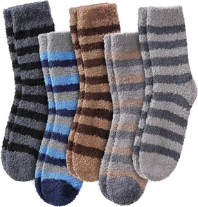 LINEMIN Mens Fuzzy Socks Cozy Fluffy One Size, Blue/Brown/Black/Grey Stripe - Picture 1 of 6