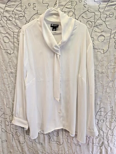 NWT Womens White 26W Long Sleeve Button Up Blouse Tie Collar Satin Business Chic - Picture 1 of 7