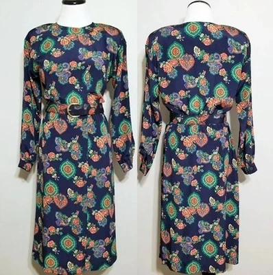 Vintage 90s Liz Claiborne Petite 4 Navy Blue Floral Long Sleeve Belted Day Dress - Image 1 of 4