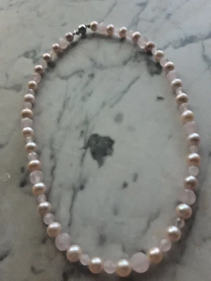 exquisite perlenkette rosa süßwasserperlen mit rosenquarz und magnetverschluss - Bild 1 von 4