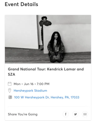 FLOOR TICKETS for Kendrick Lamar/SZA (2 Tickets) - Hershey ( ROW 9 SEATS 18/19) - Image 1 of 3