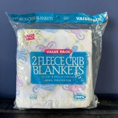 2 Baby Crib Blankets Vintage Fleece White Nylon Satin Trim Teddy Bear Bunny READ - Image 1 of 4