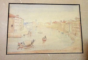 antique mini original Italian Venice watercolor nautical gondola boat painting - Picture 1 of 7