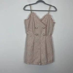 Shein Pink Gold Tweed Romper Chain Strap V-Neck Fringe Lined Size Medium  - Picture 1 of 9