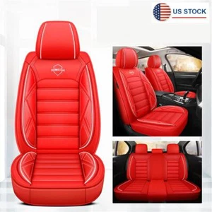 Red PU Leather Car Seat Covers Full Set Front+Rear Cushion Protector White Line - Picture 1 of 11