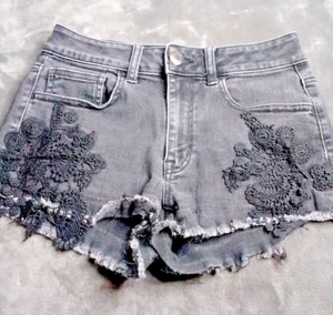 American Eagle Super Stretch X High Rise Shortie Cut Off Denim Shorts Lace Sz 2 - Picture 1 of 8