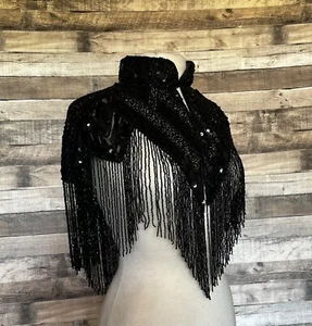 Scialle spalle spalle perline frange vetro lungo paillettes NERO western rodeo - Foto 1 di 3