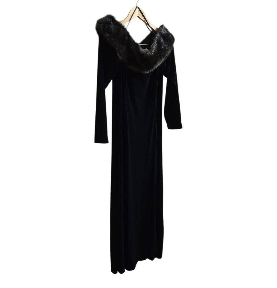 Maxi Vestido Cachet Vintage Años 90 Piel Sintética Hombro Terciopelo Negro. Talla 12 Foto 1 de 4