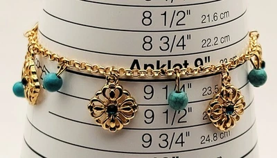 Neu Gold Ton Kunst Türkis Perlen Baumelnder Anhänger 10 " Fußkette Barfuß - Bild 1 von 3