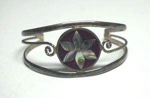 VTG Alpaca Mexico Silver Inlaid Abalone Shell Flower-Purple Enamel Cuff Bracelet - Picture 1 of 7