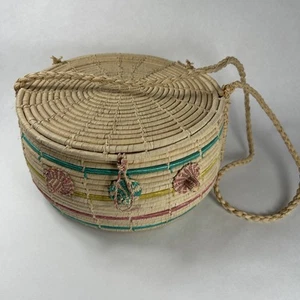 Cesta colgante bobina tejida a mano con tapa Boho Southwest -De colección - Imagen 1 de 8