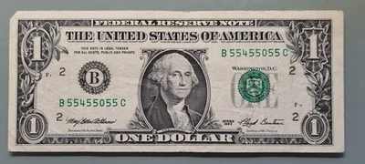 1993 One Dollar Federal Reserve Note $1 FANCY SERIAL NUMBER B55455055C #96358 - Image 1 of 2