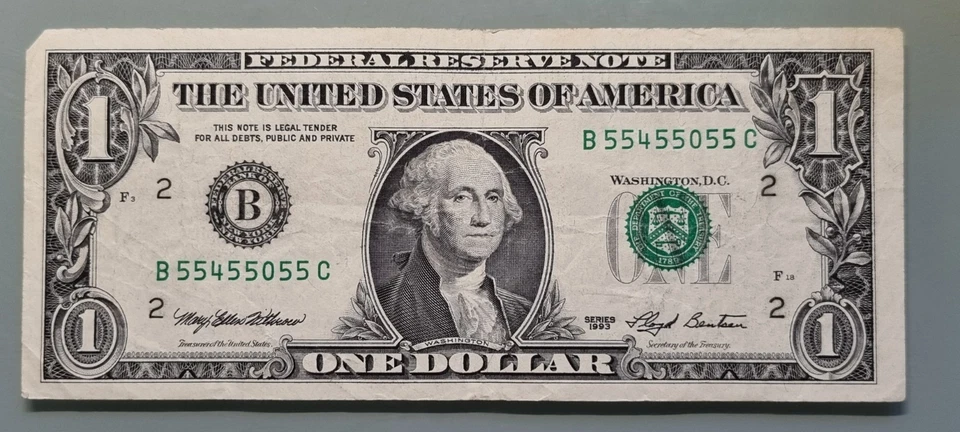 1993 One Dollar Federal Reserve Note $1 FANCY SERIAL NUMBER B55455055C #96358 - Image 1 of 2
