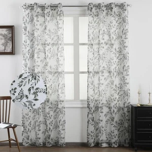 Living Room Curtains 95 Inches Length Semi Sheer Curtains Floral Printed Ligh... - Picture 1 of 7