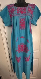 VESTIDO BORDADO OAXAQUEÑO TURQUESA BORDADO MEXICANO DE COLECCIÓN Boho Floral Étnico S - Imagen 1 de 7