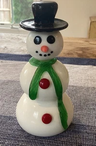 Hand Blown Glass Snowman Figurine W/ Green Scarf Red Buttons Black Hat 5.75"T - Picture 1 of 6