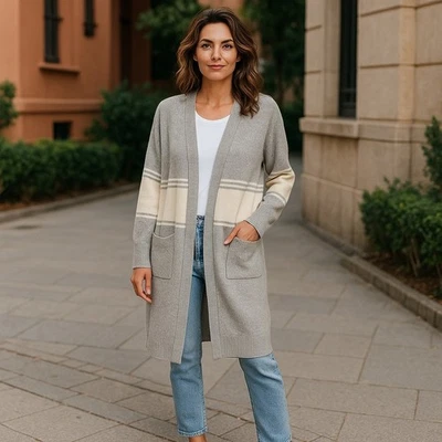 Cárdigan suéter grande Lucky Brand para mujer frente abierto rayas gris largo Foto 1 de 4