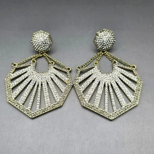 VTG Gold-Tone Post Dangle Earrings 3" Rhinestones w/ Chain Detail Signed JB - Picture 1 of 7