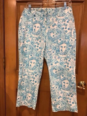 Lilly Pulitzer Blue Floral Capri Pants Lion Print Cotton Spandex Size 10 - Imagem 1 de 4