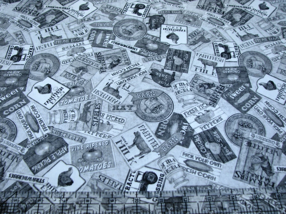 Tecido de algodão digital 3 jardas - Tecidos QT pastagens mais verdes placas de fazenda arremesso BWG - Imagem 1 de 1