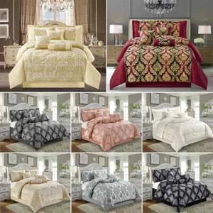 Jacquard Quilt Comforter Bedding Set 7Pcs Bedspread SHINY CUSHIONS SUPER KING - Picture 1 of 27