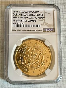 Tristan Da Cunha 1987 Royal Wedding 40th Annive. 50 Pence Gold NGC PF66 S#4786 - Picture 1 of 2
