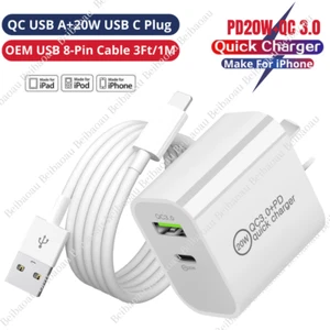 QC 3.0 Fast Wall Charger 20W PD Power Adapter For iPhone 14 13 11 8 XR USB Cable - Picture 1 of 14