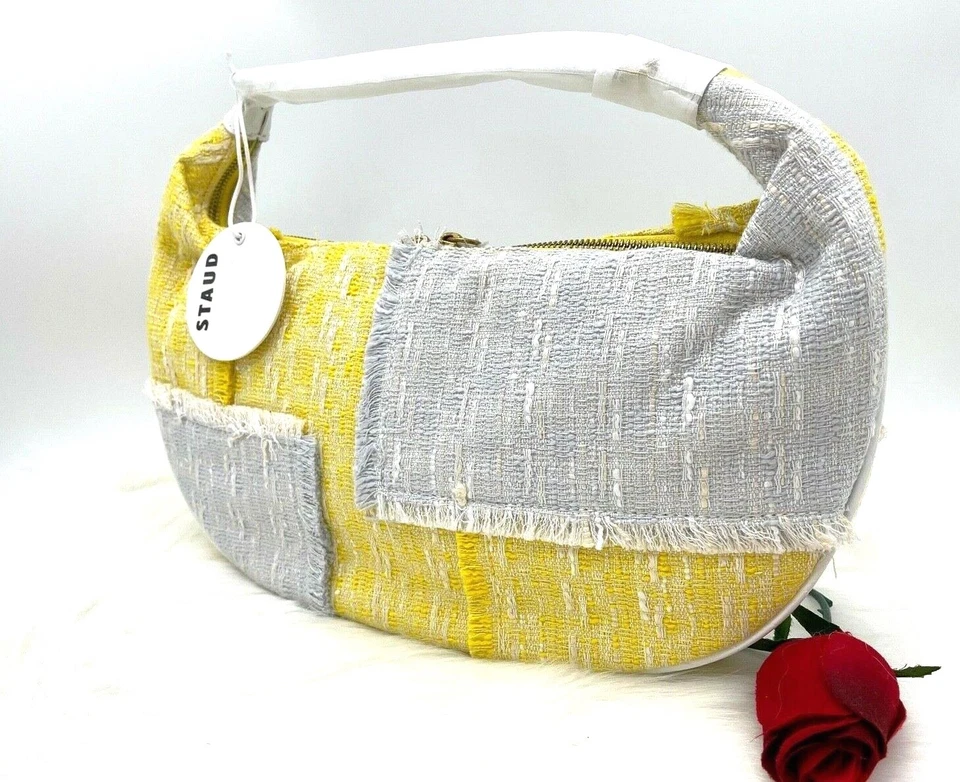 AUTH Staud Sasha Bicolor Tweed Patchwork Shoulder Bag In Lemon/ Multi