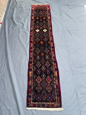 Antique Afghan Runner Rug 1'7x8'3 ft – Hand Knotted Narrow Tribal Wool Corridor - Image 1 of 4