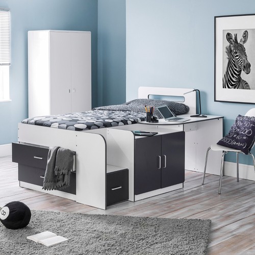 Wood Cabin Bed, Cookie Children's Bed, Single Grey and White 4 Mattress Options
