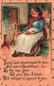 VINTAGE STECK KUNSTLEDER VALENTIN POSTKARTE AMOR FLÜSTERT FRAU 012924 T - Bild 1 von 2