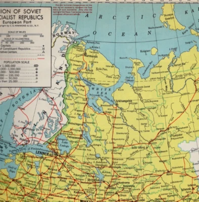 MAPA EUROPEO URSS - Repúblicas soviéticas, ciudades y ferrocarriles 1948 impresión vintage Foto 1 de 3