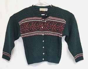 Vintage LL Bean Womens Wool Cardigan Sweater Size Medium Dark Green Red - Picture 1 of 11