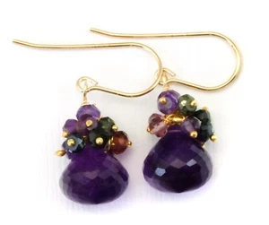 Amethyst Earrings Rich Purple Cluster Simple Dangle Drops Garnet 14k Solid Gold - Picture 1 of 6