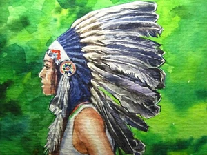 Painting Indian Native American Indians Hat Warbonnet Feathers Headdress ACEO - Picture 1 of 2