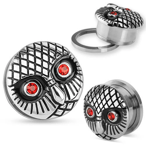 Flesh Tunnel Plug Piercing Intarsio Acciaio Inox Gufo Occhi Zirconi Rosso Gotico - Immagine 1 di 1