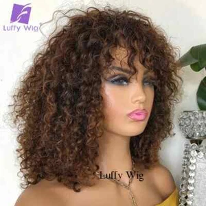 Dark Brown Short Curly Bob Human Hair Wigs Remy Hair Glueless Wigs With Bangs - Picture 1 of 8