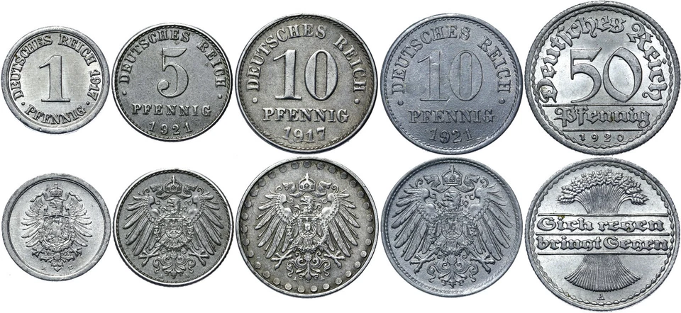 German Empire Collection BUNDLE Set 5 Coins 1 5 10 50 Pfennig 1915-1922 LOT WW1 - Image 1 of 1