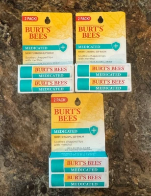 3X 2 PACK Burt's Bees NEW Medicated Moisturizing Menthol Lip Balm chapped lips - Image 1 of 2