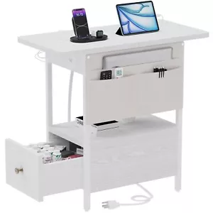 Small Side Table With Charging Station Narrow Nightstand Bedside Tables With Sto - Picture 1 of 7