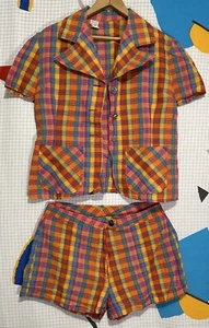 Vintage 70er Karo Bluse Hemd Shorts Set Large Regenbogen Hippie Hot Pants Booty - Bild 1 von 13