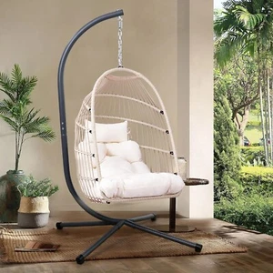 Patio Wicker Hanging Egg Chair Outdoor Swing Chair with Stand White - Picture 1 of 8