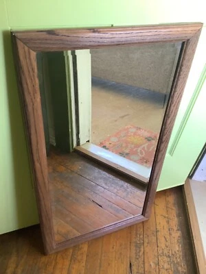 Vtg antique frame Rectangular quarter sawn oak Wood Rustic  wall Beveled Mirror - Image 1 of 4