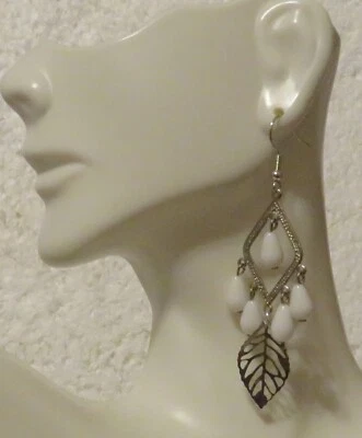 Rhombus Open White Teardrop Hook Earrings Accent Leaf 2" Dangle - Image 1 of 3
