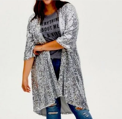 Torrid Sequin Duster Cardigan Sz 1 XL Long Open Front Silver Holiday Party Bling - Image 1 of 4