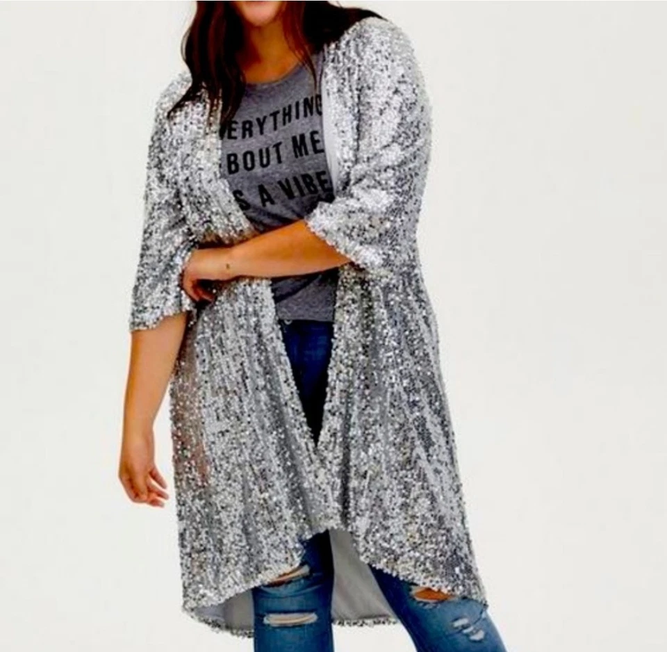 Кардиган Torrid с блестками размер 1 XL длинный открытый передний серебристый праздничная вечеринка блестящий - Изображение 1 из 4