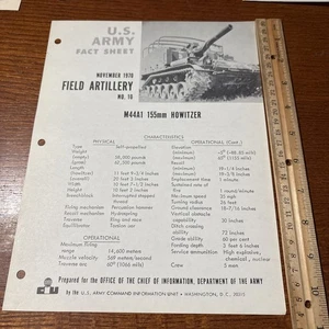 VTG 1970 U.S Army Fact Sheet Field Artillery 10: M44A1 155mm Howitzer Tank - Picture 1 of 2