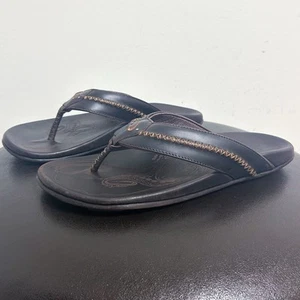 Olukai Dark Java Brown Leather Mea Ola Thong Mens Flip Flops Sandals 11 *No Box* - Picture 1 of 11