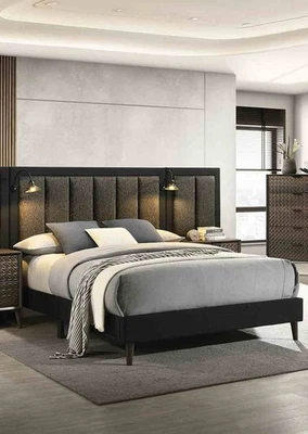 Juego de muebles de dormitorio con panel de pared con cama king size oriental acabado marrón oscuro Foto 1 de 4