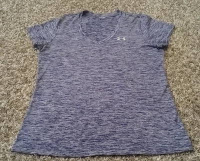 Camiseta Under Armour Mujer Mediana Púrpura Rayas Manga Corta Cuello en V Pullover Foto 1 de 4